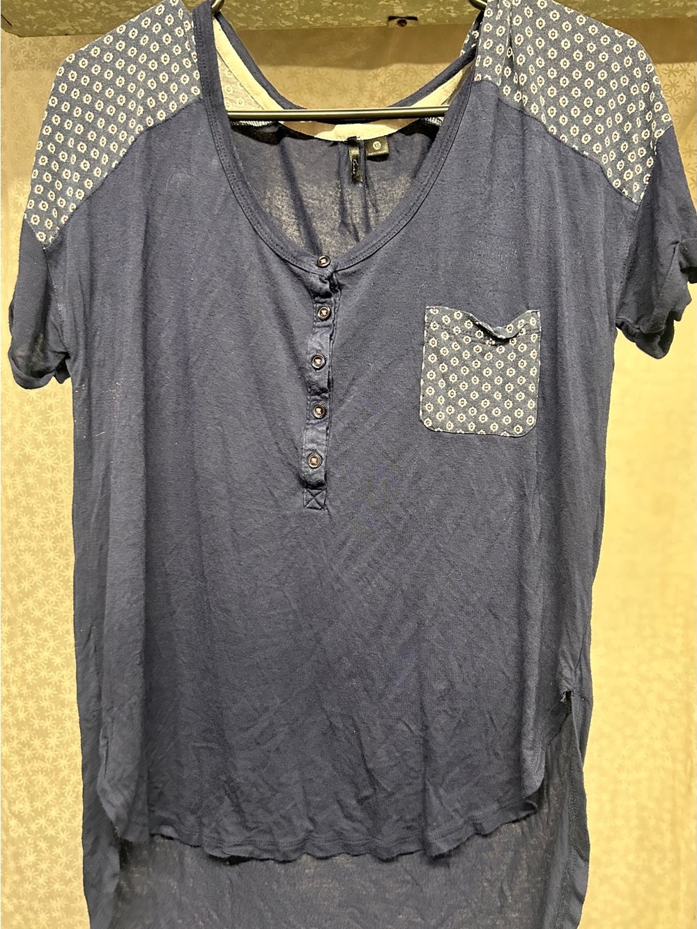 Blue Short Sleeve Henley Top with Patterned Pocket and pink threading